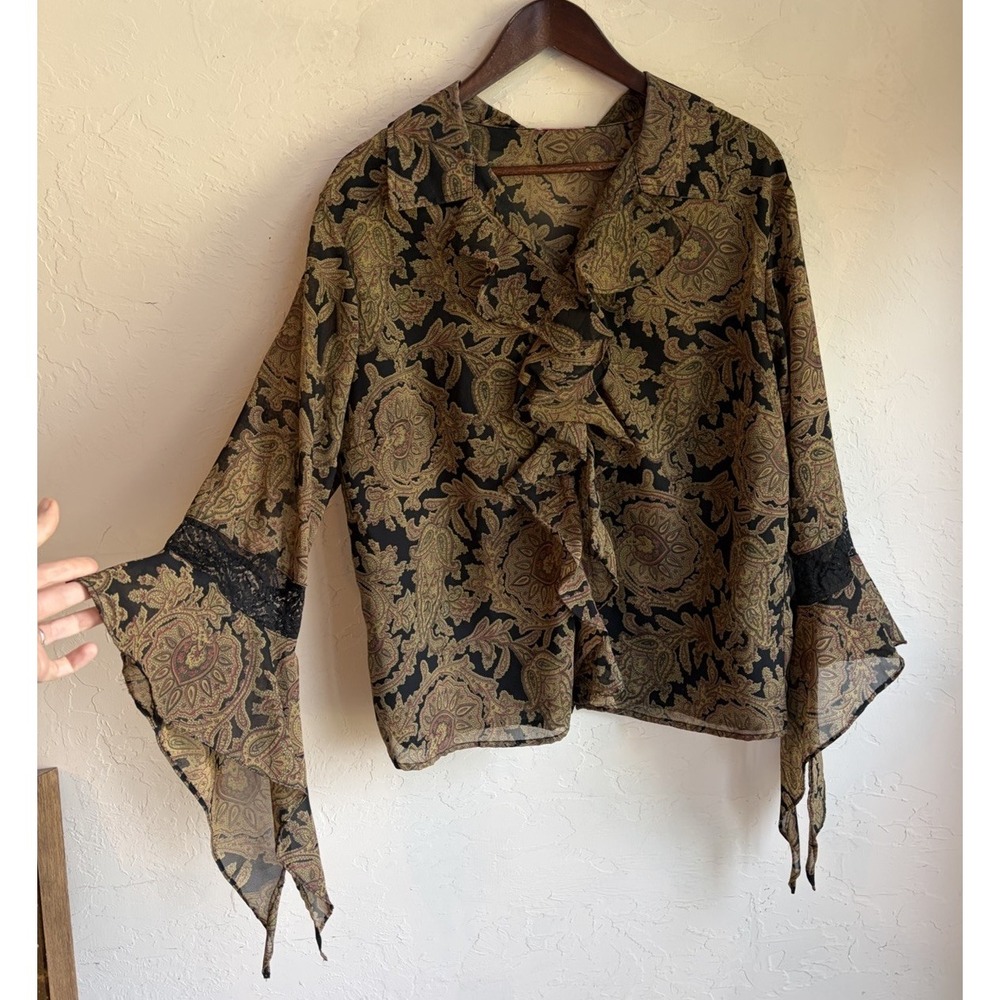Vintage 90s Y2K Ruffle Top XL Dark Romantic Paisley Whimsigoth Witchy Bell